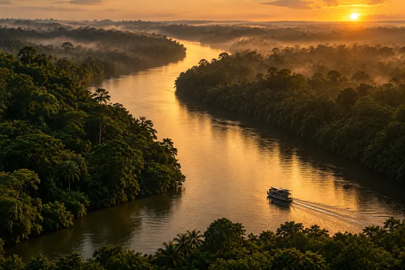 A boat on a wide river at sunrise, far from any organised football