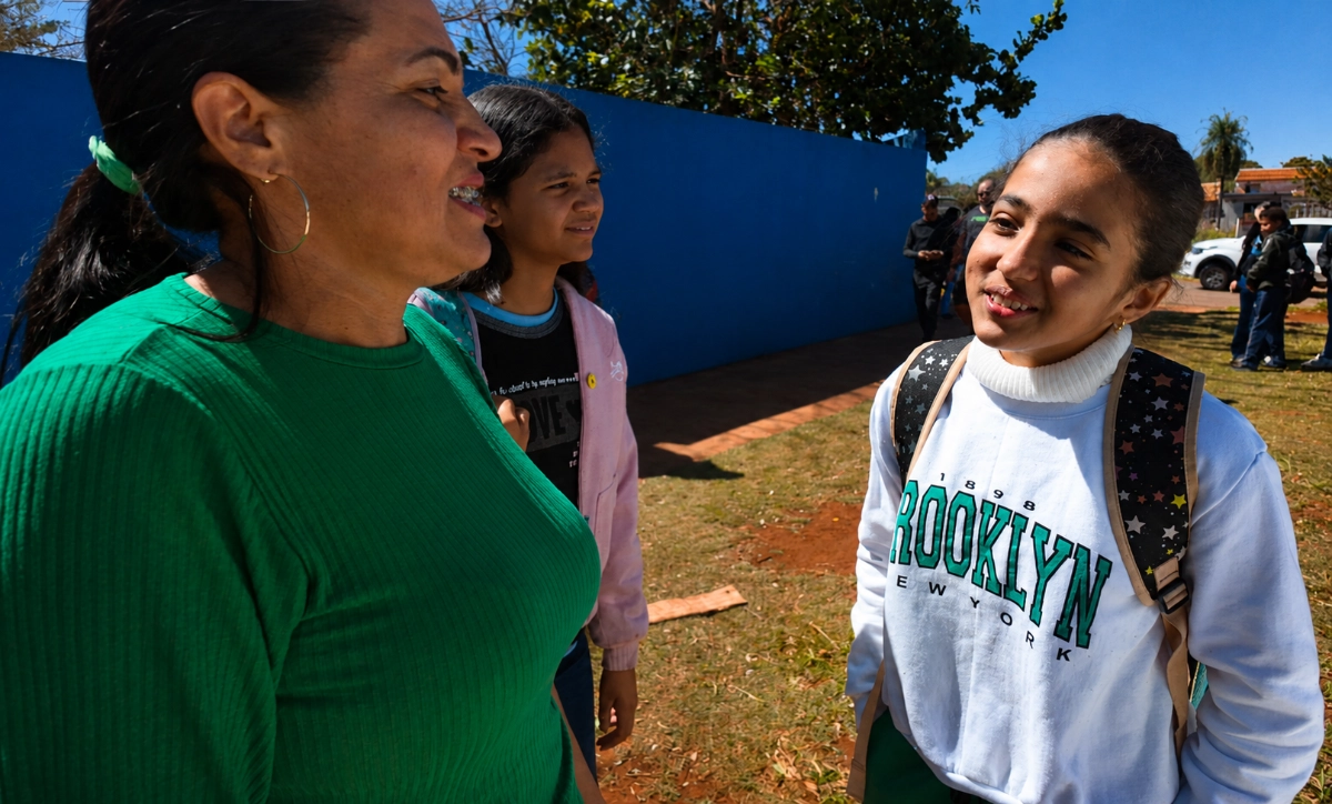 A player talking with her mother outside her school