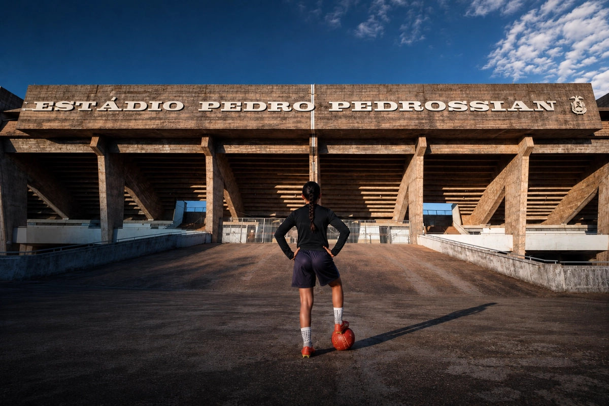 A young footballer standing alone in front of an empty stadium, ball at her feet